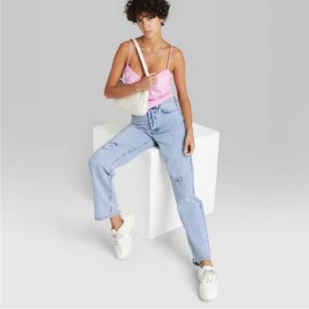 Women’s super high rise distressed straight jeans in light wash
